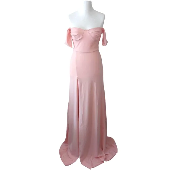 PrettyLittleThing Pink High Split Leg Gown Maxi Bardot Dress Wedding Event Sz 10 - Picture 1 of 8